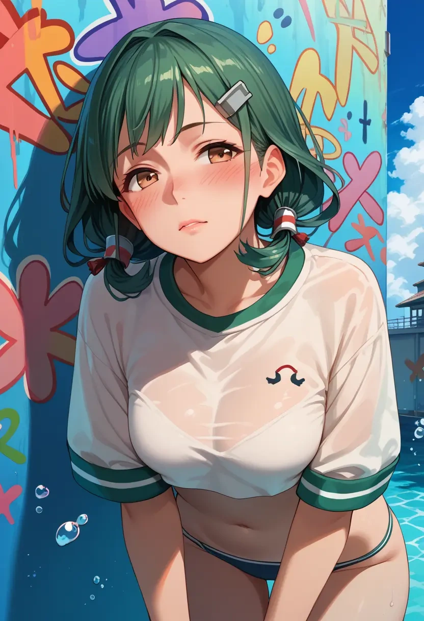 kantai_collection,yuubari_(kancolle),cropped graffiti sweatshirt,dolphin shorts  - 