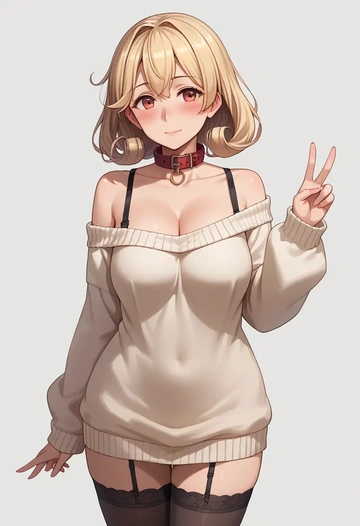 kantai_collection,yuudachi_(kancolle),blushing,collar,off-shoulder,sweater,stockings  - AI generated anime art