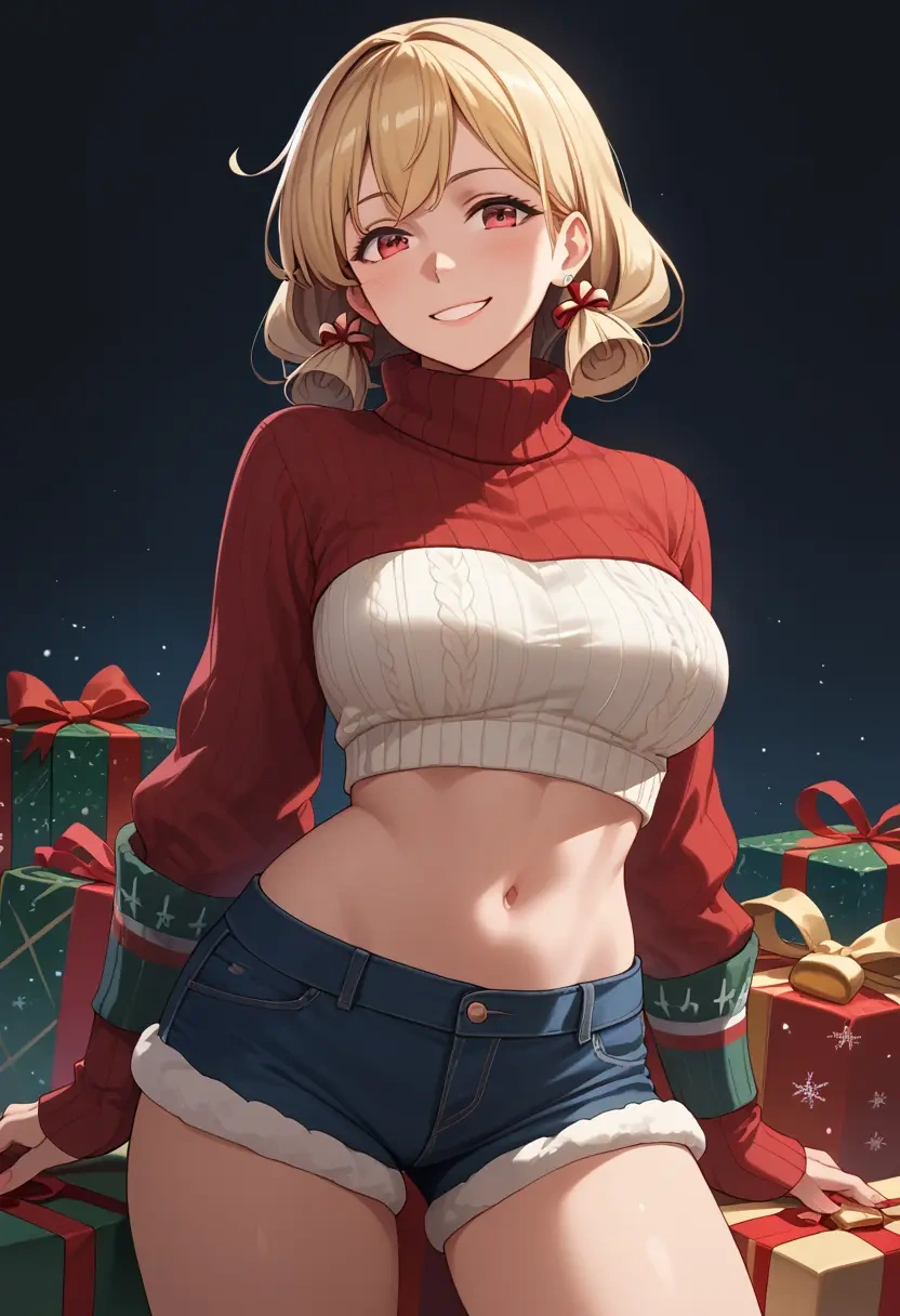 kantai_collection,yuudachi_(kancolle),Christmas,red velvet shorts,turtleneck sweater  - 