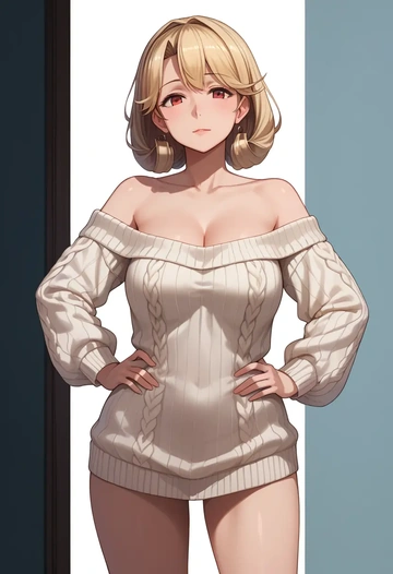 kantai_collection,yuudachi_kai_ni_(kancolle),Hands on hips,off-shoulder,sweater  - AI generated anime art