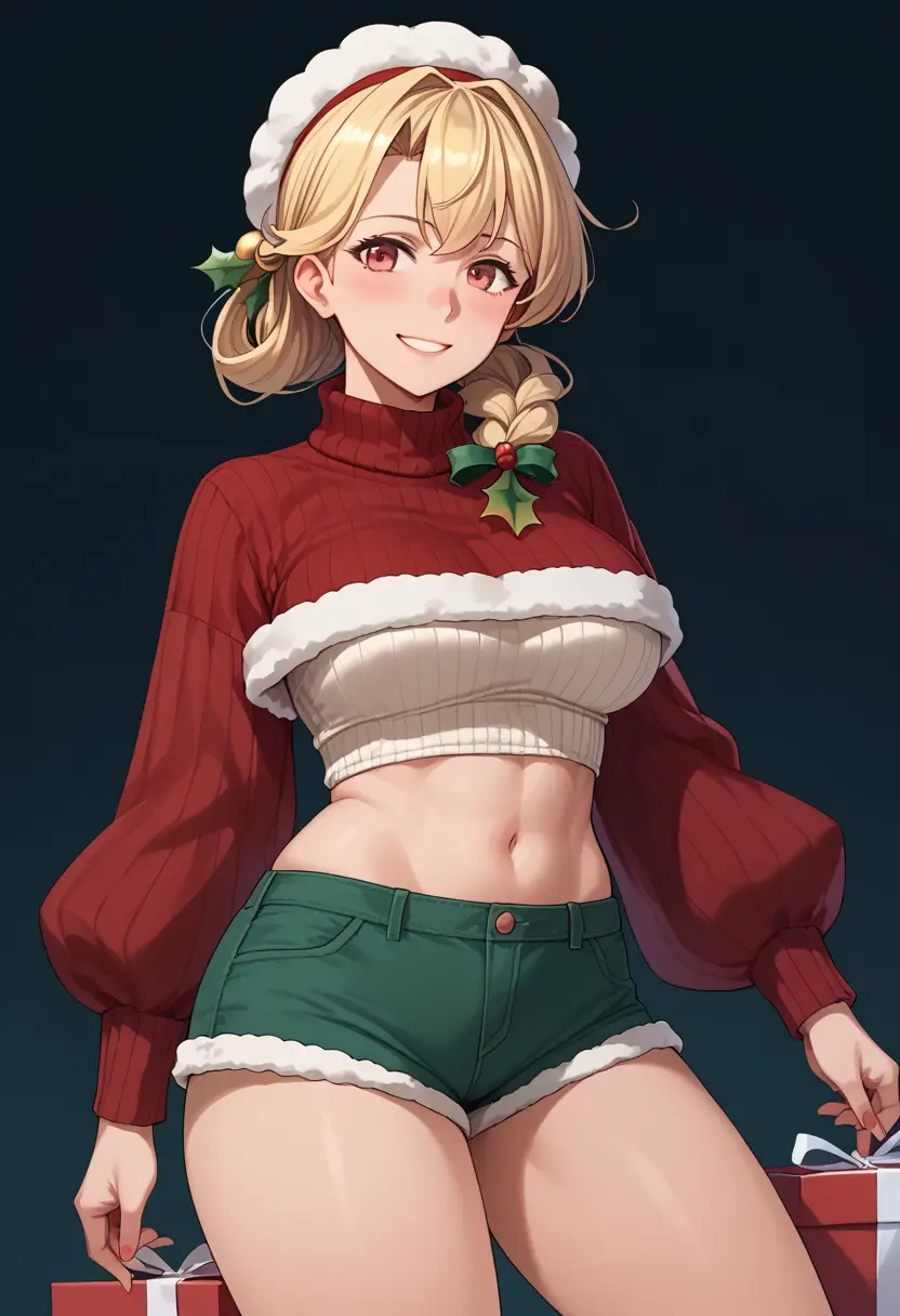 kantai_collection,yuudachi_kai_ni_(kancolle),Christmas,red velvet shorts,turtleneck sweater  - 