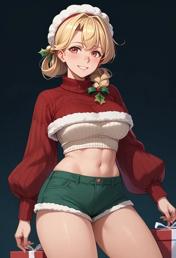 kantai_collection,yuudachi_kai_ni_(kancolle),Christmas,red velvet shorts,turtleneck sweater  - AI generated anime art