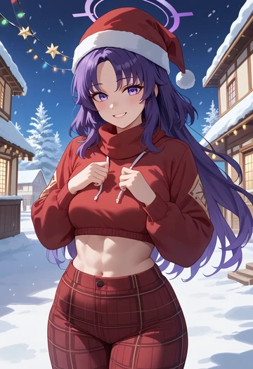 blue_archive,yuuka_(track)_(blue_archive),Christmas,plaid trousers  - AI generated anime art