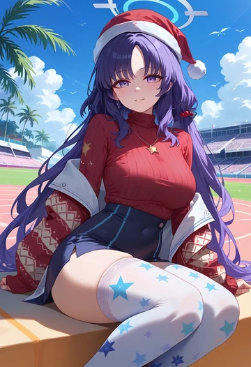 blue_archive,yuuka_(track)_(blue_archive),Christmas,sweater dress,stockings  - AI generated anime art