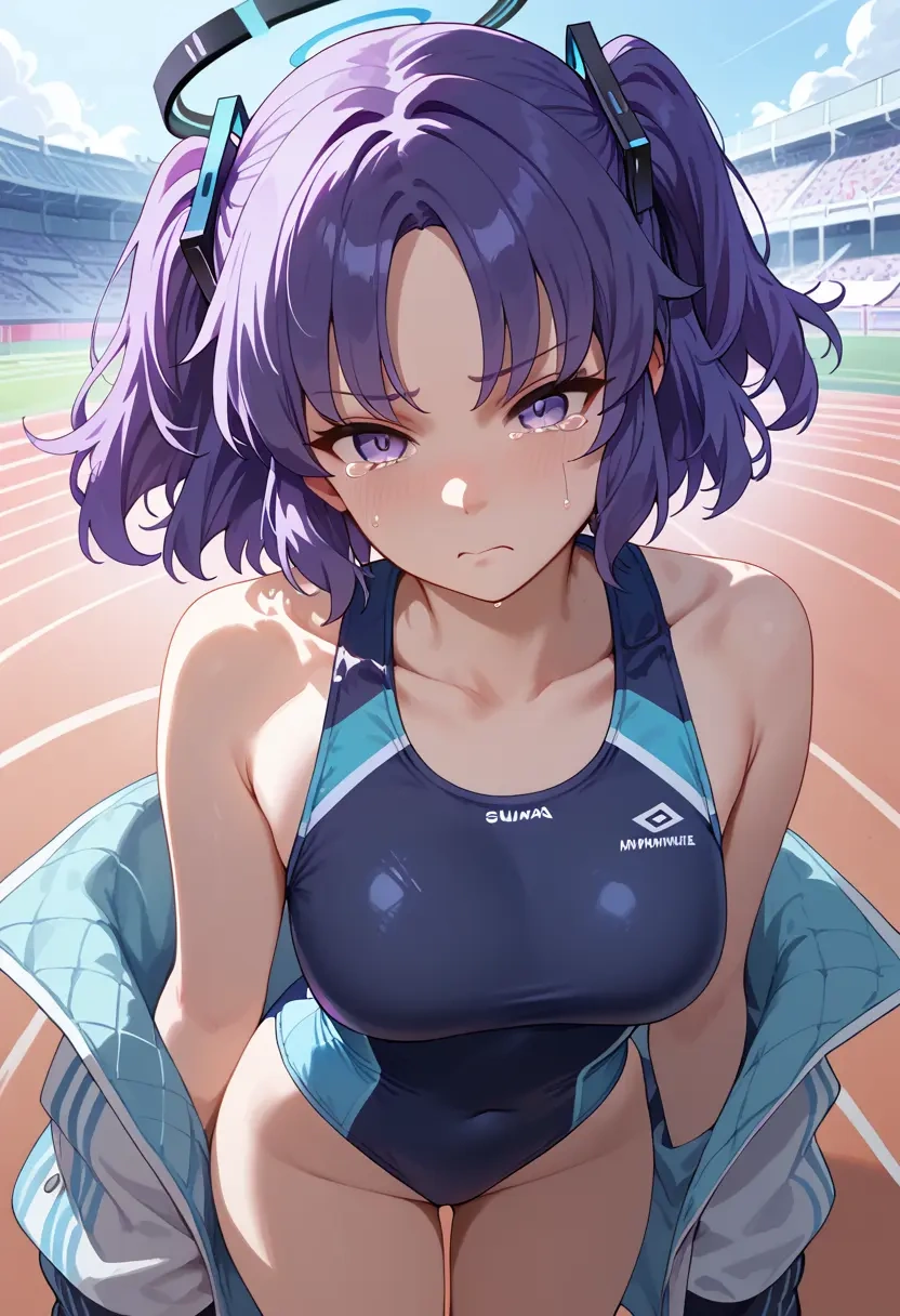 blue_archive,yuuka_(track)_(blue_archive),racerback swimsuit,striped trim,name tag patch  - 