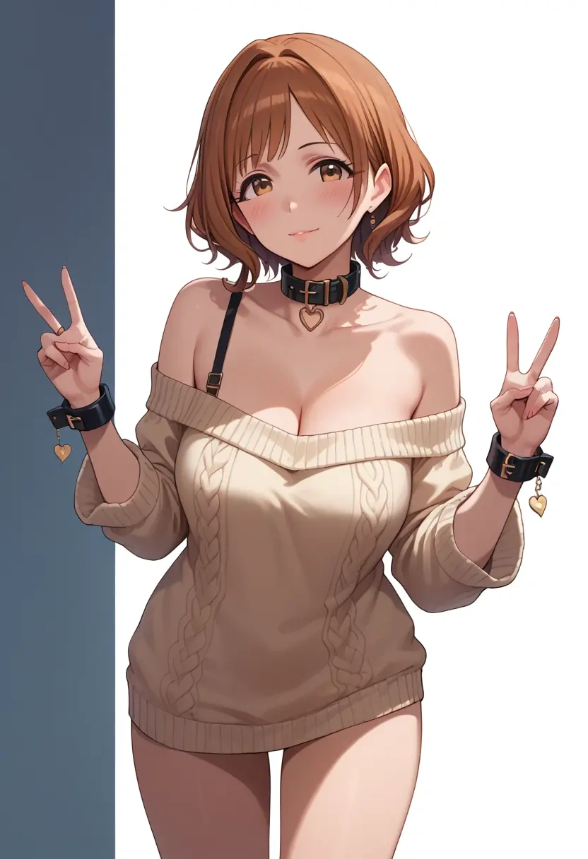 idolmaster,yuuki_haru,blushing,collar,peace sign,off-shoulder,sweater  - 