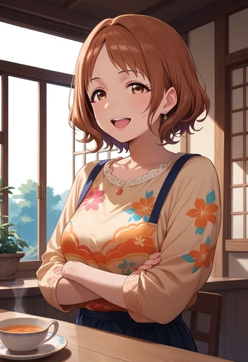 idolmaster,yuuki_haru,paint-splatter blouse,dolphin shorts  - AI generated anime art