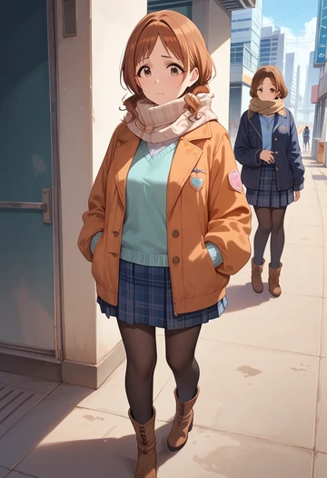 idolmaster,yuuki_haru,winter,student uniform,down jacket  - AI generated anime art