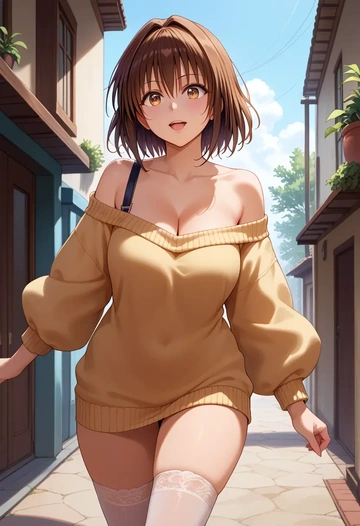 to_love_ru,yuuki_mikan,off-shoulder,sweater  - AI generated anime art