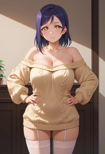 love_live,yuuki_setsuna_(love_live),Hands on hips,off-shoulder,sweater,stockings  - AI generated anime art