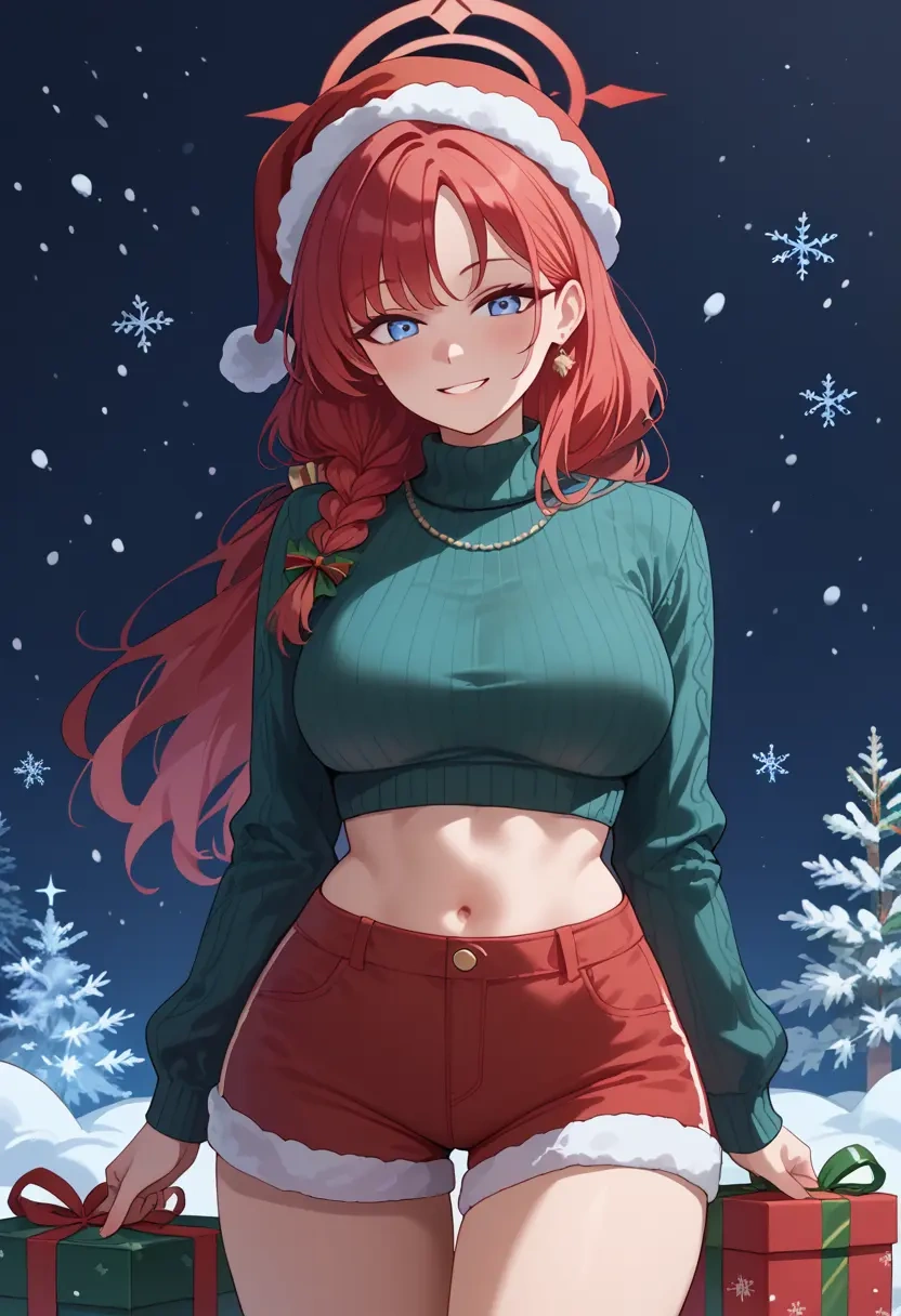 blue_archive,yuzu_(blue_archive),Christmas,red velvet shorts,turtleneck sweater  - 