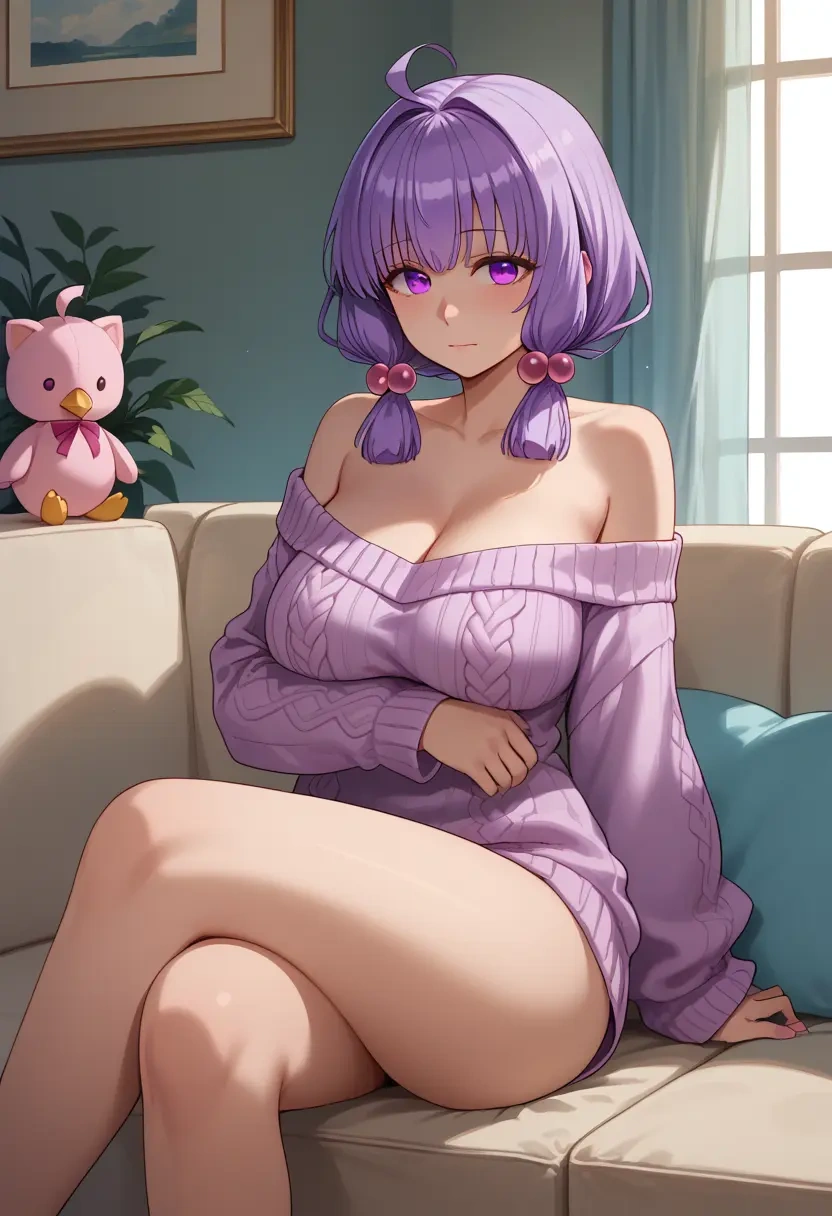 voiceroid,yuzuki_yukari,arms crossed,off-shoulder,sweater,cross-legged  - 