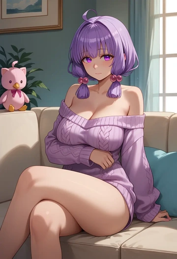 voiceroid,yuzuki_yukari,arms crossed,off-shoulder,sweater,cross-legged  - AI generated anime art