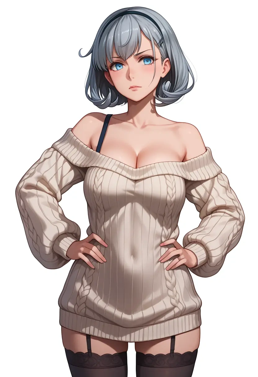 kantai_collection,z1_leberecht_maass_(kancolle),Hands on hips,off-shoulder,sweater,stockings  - 