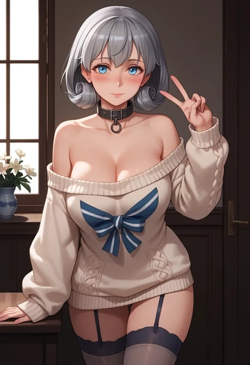 kantai_collection,z1_leberecht_maass_(kancolle),blushing,collar,off-shoulder,sweater,stockings  - AI generated anime art