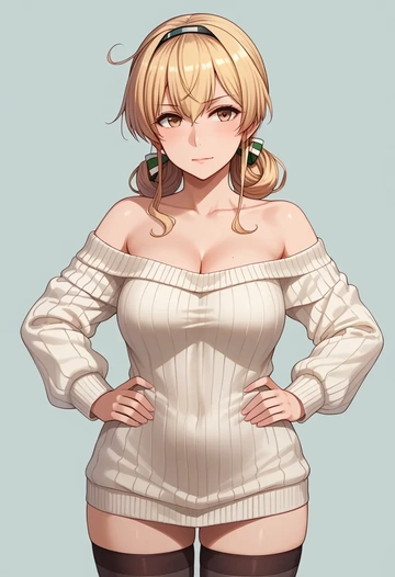 kantai_collection,zara_(kancolle),Hands on hips,off-shoulder,sweater,stockings  - AI generated anime art