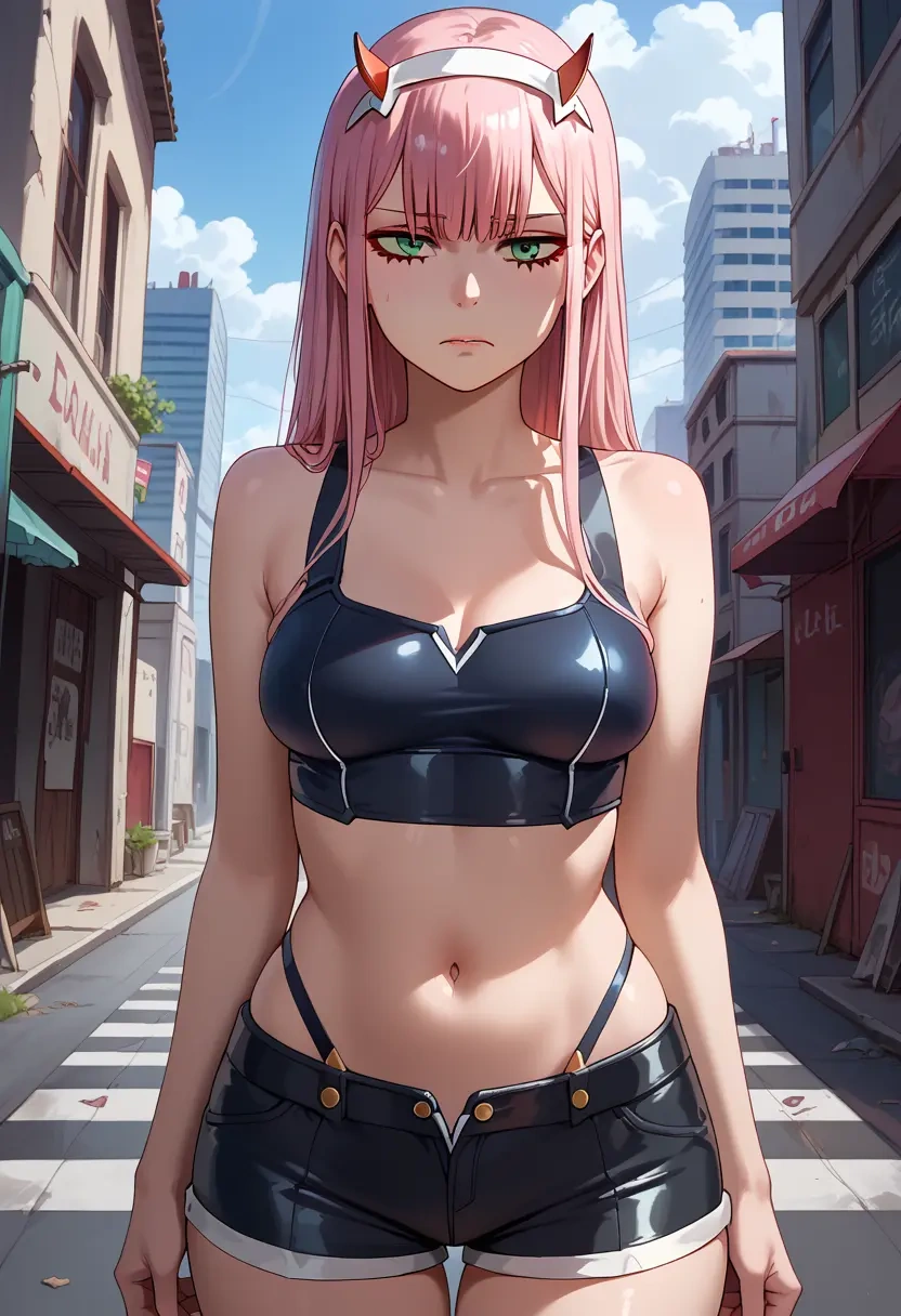 darling_in_the_franxx,zero_two_(darling_in_the_franxx),leather,shorts,crop top  - 