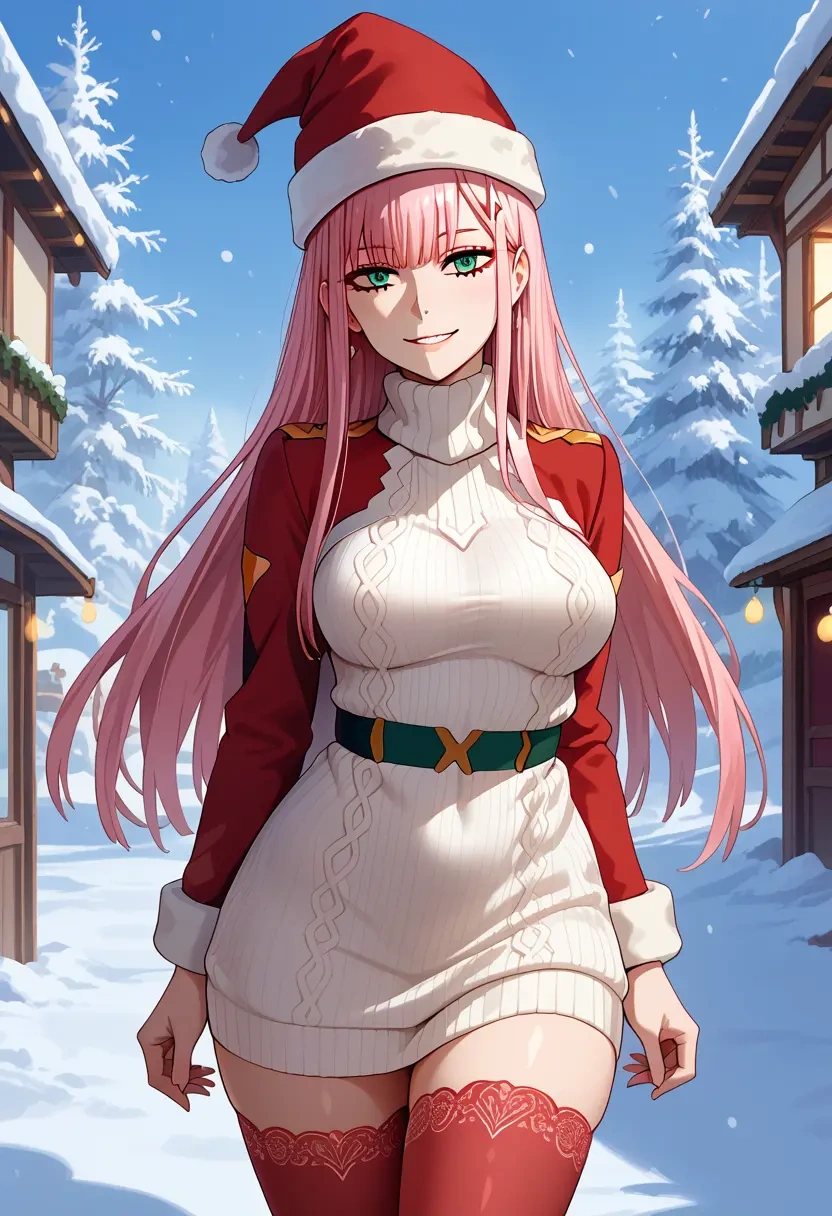 darling_in_the_franxx,zero_two_(darling_in_the_franxx),Christmas,sweater dress,stockings  - 