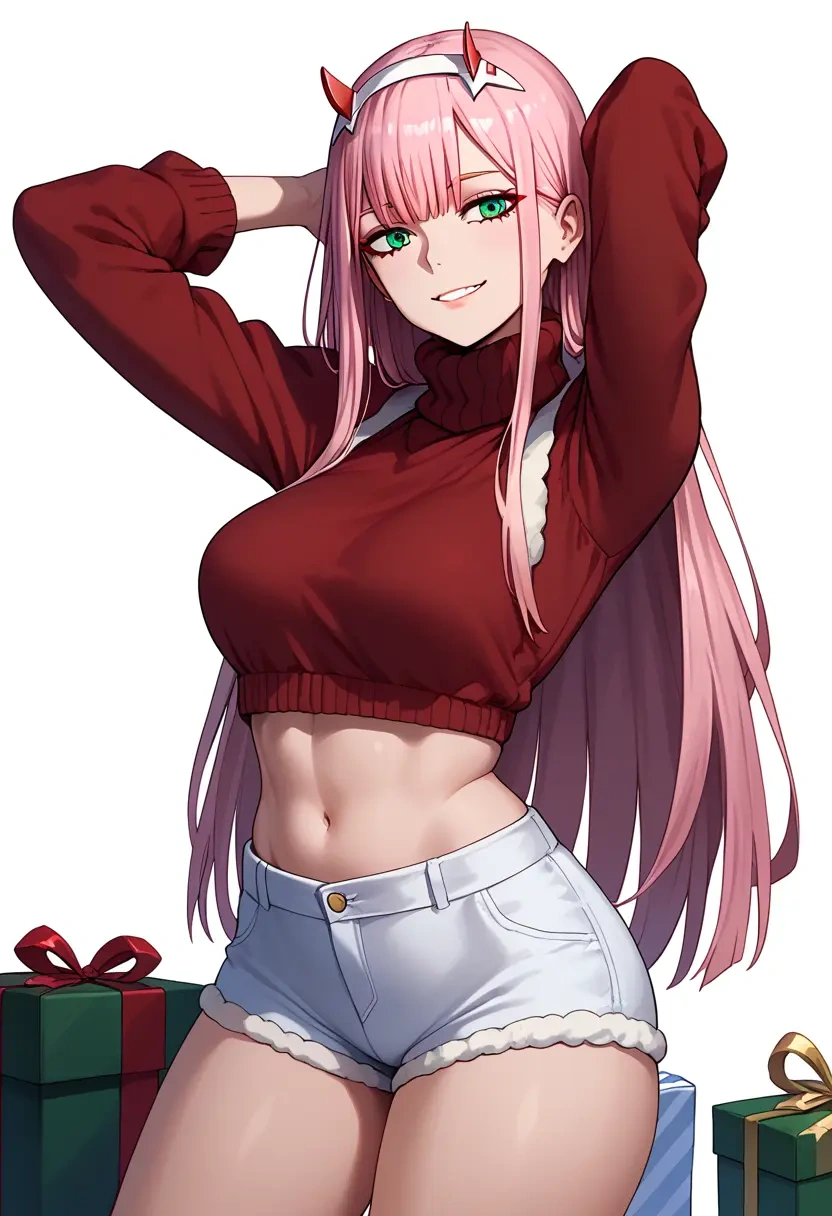 darling_in_the_franxx,zero_two_(darling_in_the_franxx),Christmas,red velvet shorts,turtleneck sweater  - 