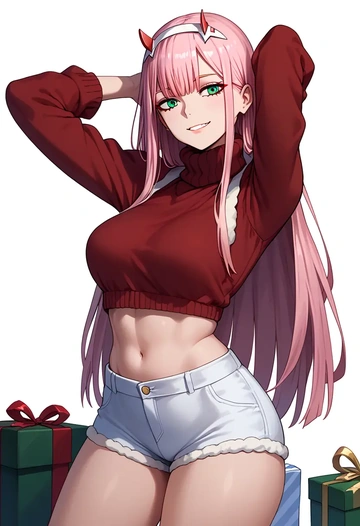 darling_in_the_franxx,zero_two_(darling_in_the_franxx),Christmas,red velvet shorts,turtleneck sweater  - AI generated anime art