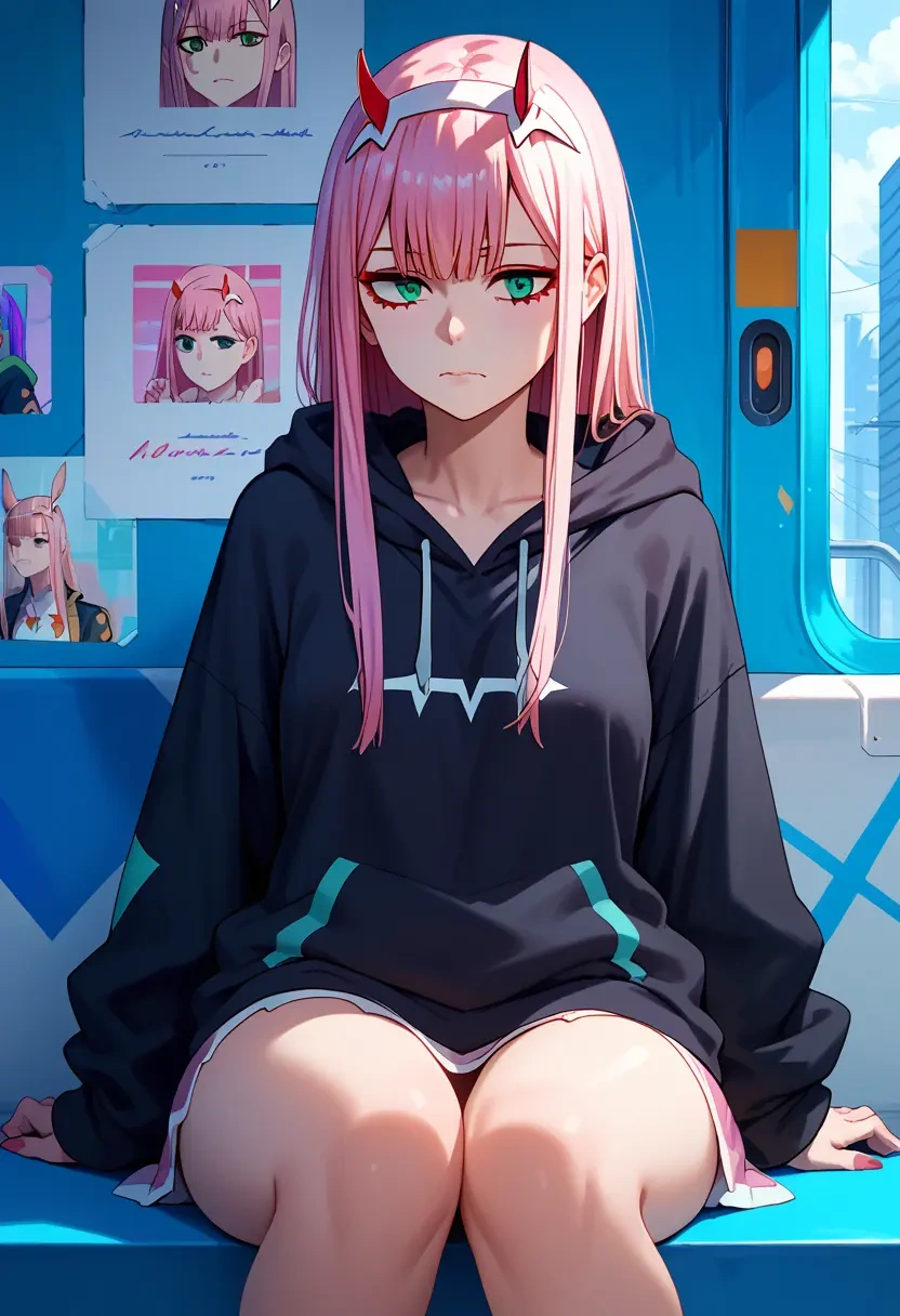 darling_in_the_franxx,zero_two_(darling_in_the_franxx),oversized graphic hoodie,thigh-high socks,shorts  - 