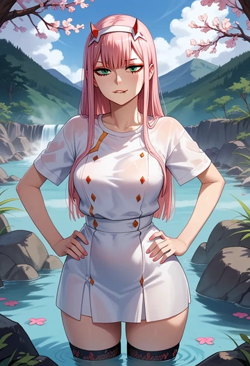 darling_in_the_franxx,zero_two_(darling_in_the_franxx),shirt dress,belted,stockings  - AI generated anime art