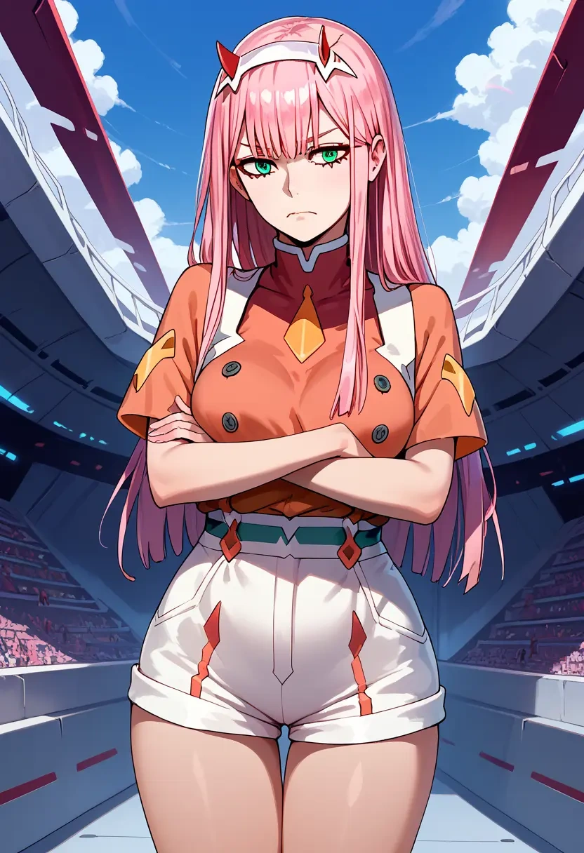 darling_in_the_franxx,zero_two_(darling_in_the_franxx),jogger shorts,oversized tank  - 