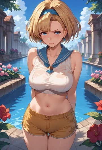 granblue_fantasy,zeta_(granblue_fantasy),sleeveless swim top,shorts-style bottom,contrast stitching  - AI generated anime art