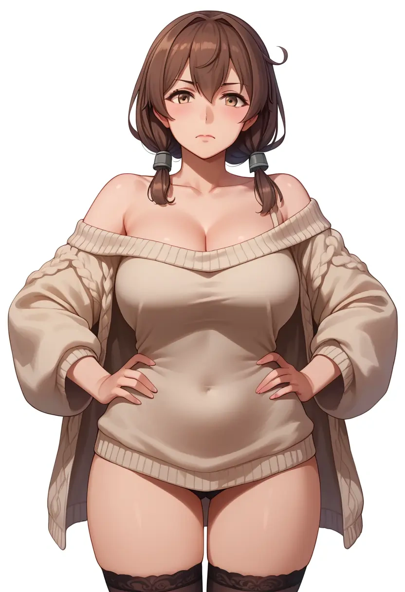 kantai_collection,zuihou_(kancolle),Hands on hips,off-shoulder,sweater,stockings  - 