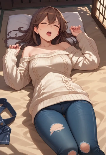 kantai_collection,zuihou_(kancolle),sweater,off-shoulder,ripped jeans  - AI generated anime art