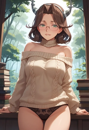 kantai_collection,zuikaku_(kancolle),sweater,panties,off-shoulder,glasses,sexy  - AI generated anime art